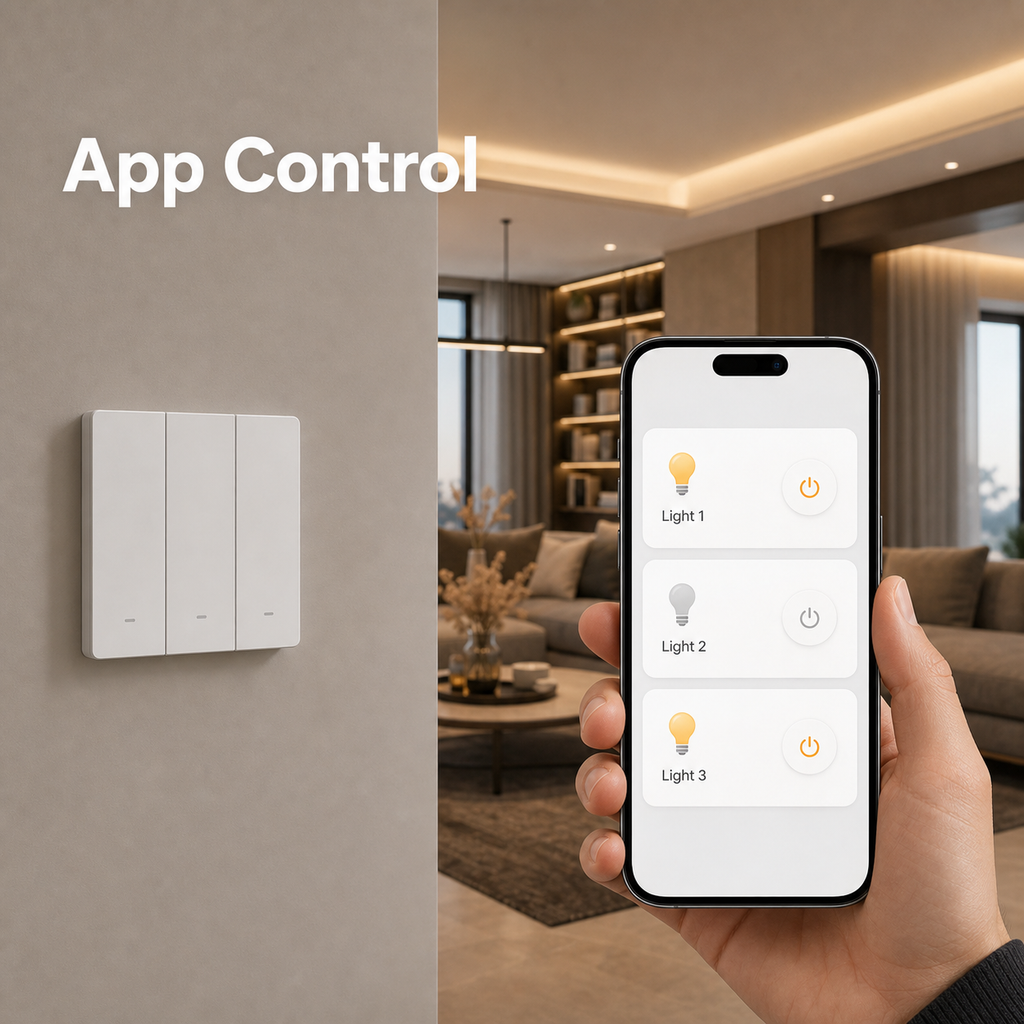 Smartphone app control scene for NéoSwitch M5 Matter Pro with a generic mobile interface