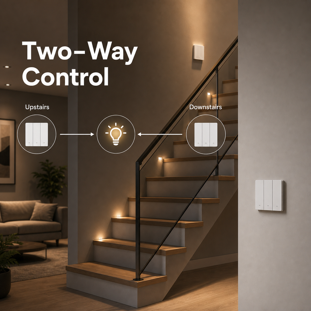 Two-way lighting control diagram for NéoSwitch M5 Matter Pro in a modern staircase scene