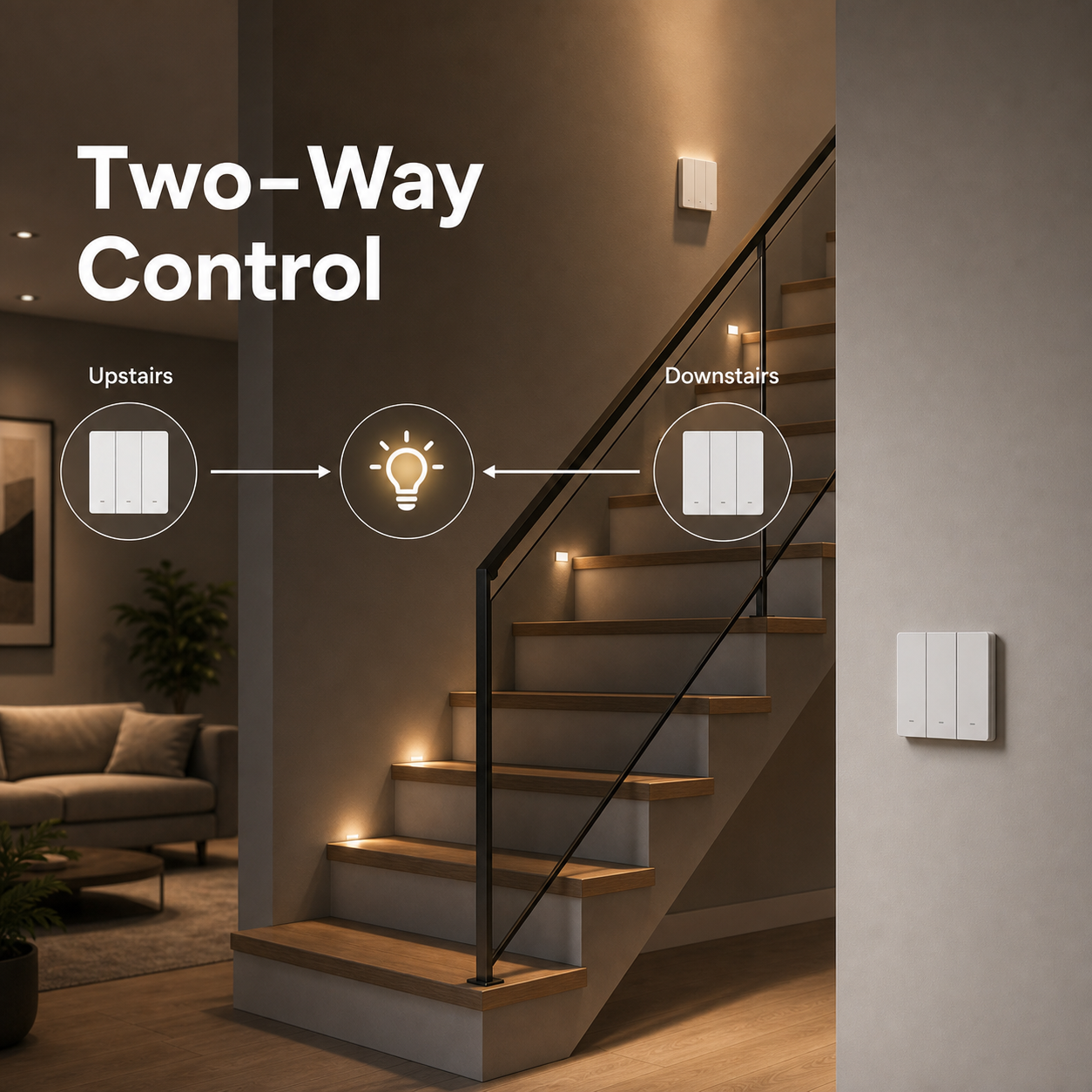 Two-way lighting control diagram for NéoSwitch M5 Matter Pro in a modern staircase scene
