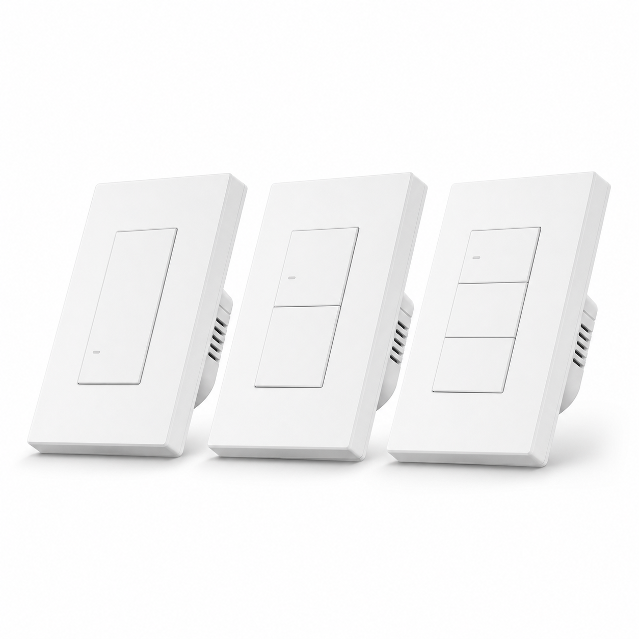 Studio packshot of NéoSwitch M5 Matter Pro US one, two and three button switches
