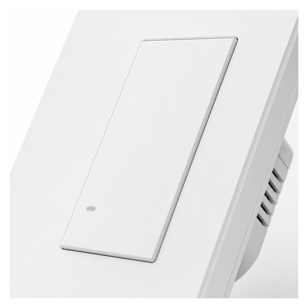Détail de la touche de l’interrupteur mural NéoSwitch M5 Matter Pro US blanc sur fond blanc.