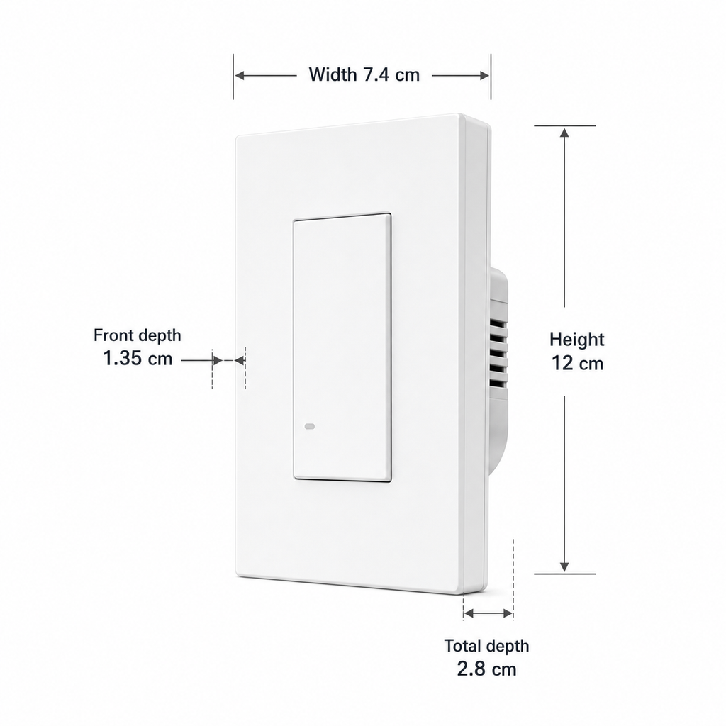 Dimensions diagram for NéoSwitch M5 Matter Pro US Type 120 smart wall switch