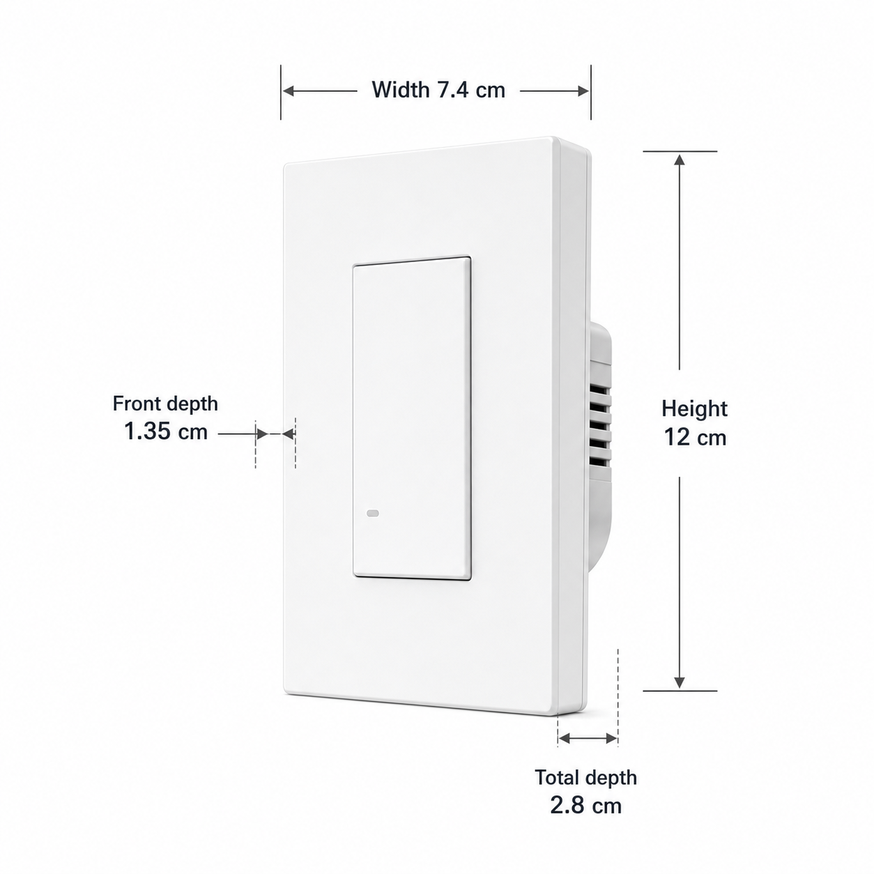 Dimensions diagram for NéoSwitch M5 Matter Pro US Type 120 smart wall switch