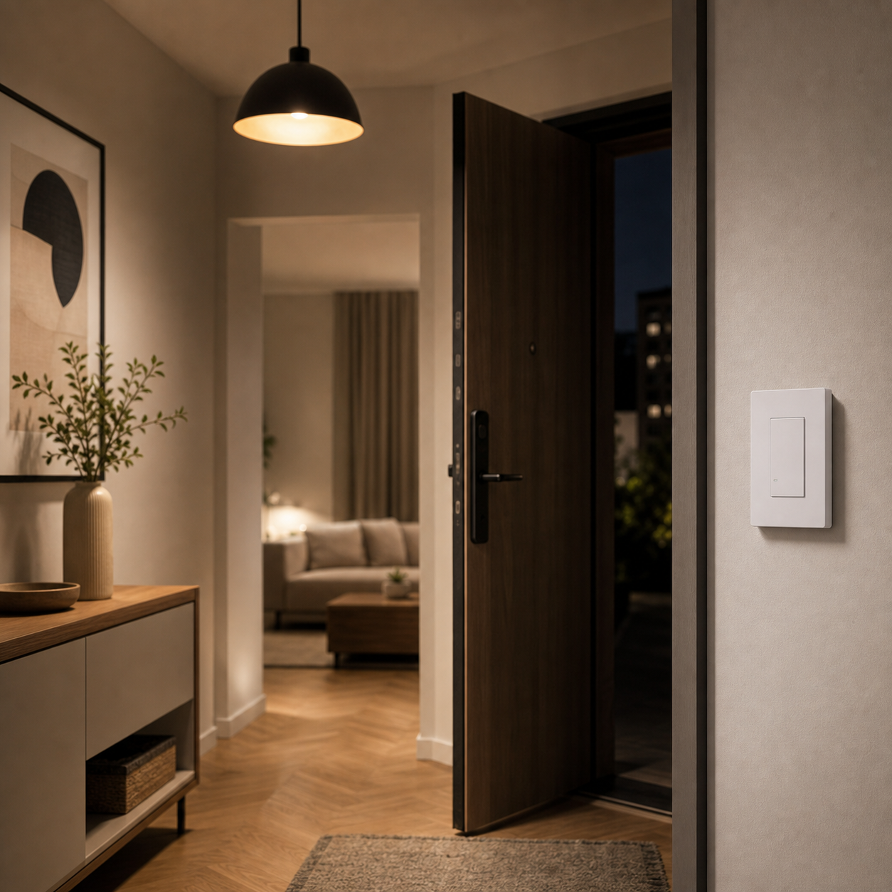 Modern entryway lifestyle scene with NéoSwitch M5 Matter Pro US wall switch