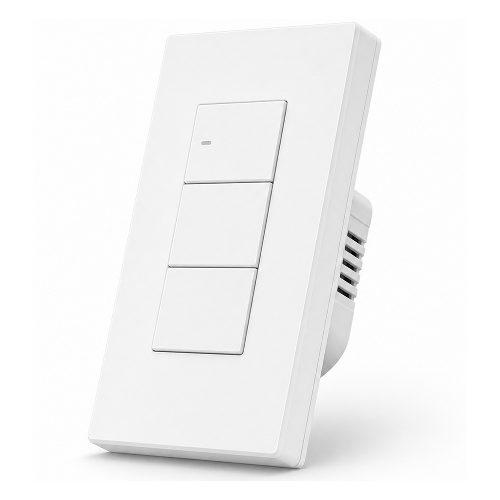 Interrupteur mural NéoSwitch M5 Matter Pro US blanc trois canaux sur fond blanc.