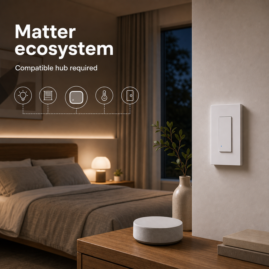 Matter ecosystem scene with NéoSwitch M5 Matter Pro US wall switch and generic hub