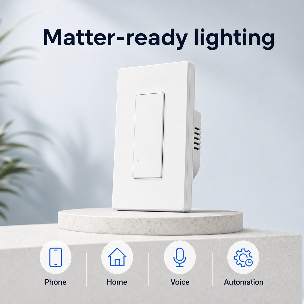 Matter-ready lighting control image for NéoSwitch M5 Matter Pro US wall switch