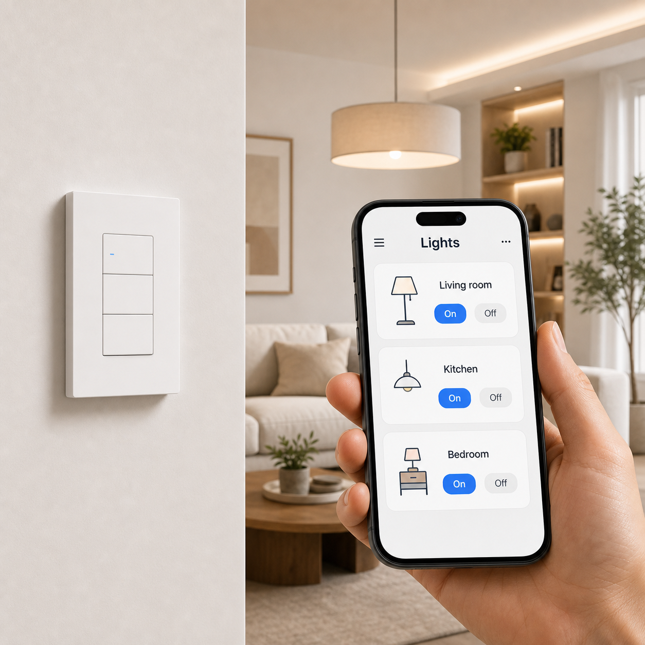 Mobile app lighting control screen for NéoSwitch M5 Matter Pro US wall switch