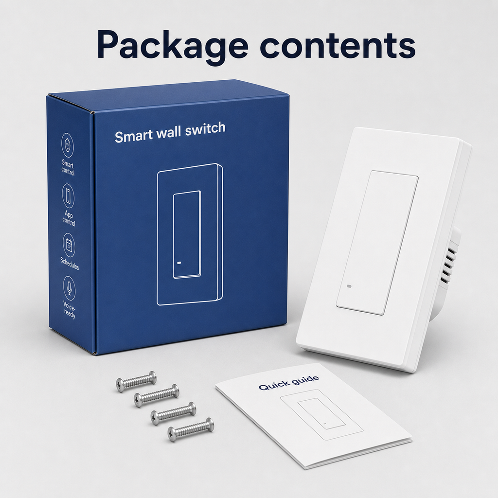 Package contents for NéoSwitch M5 Matter Pro US smart wall switch with box screws and quick guide