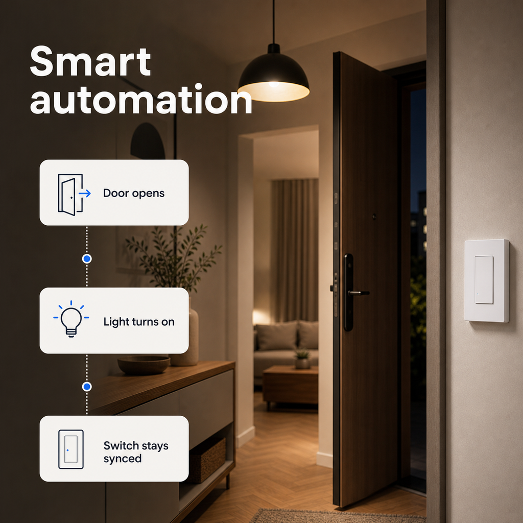 Smart automation flow for NéoSwitch M5 Matter Pro US wall switch and entry light