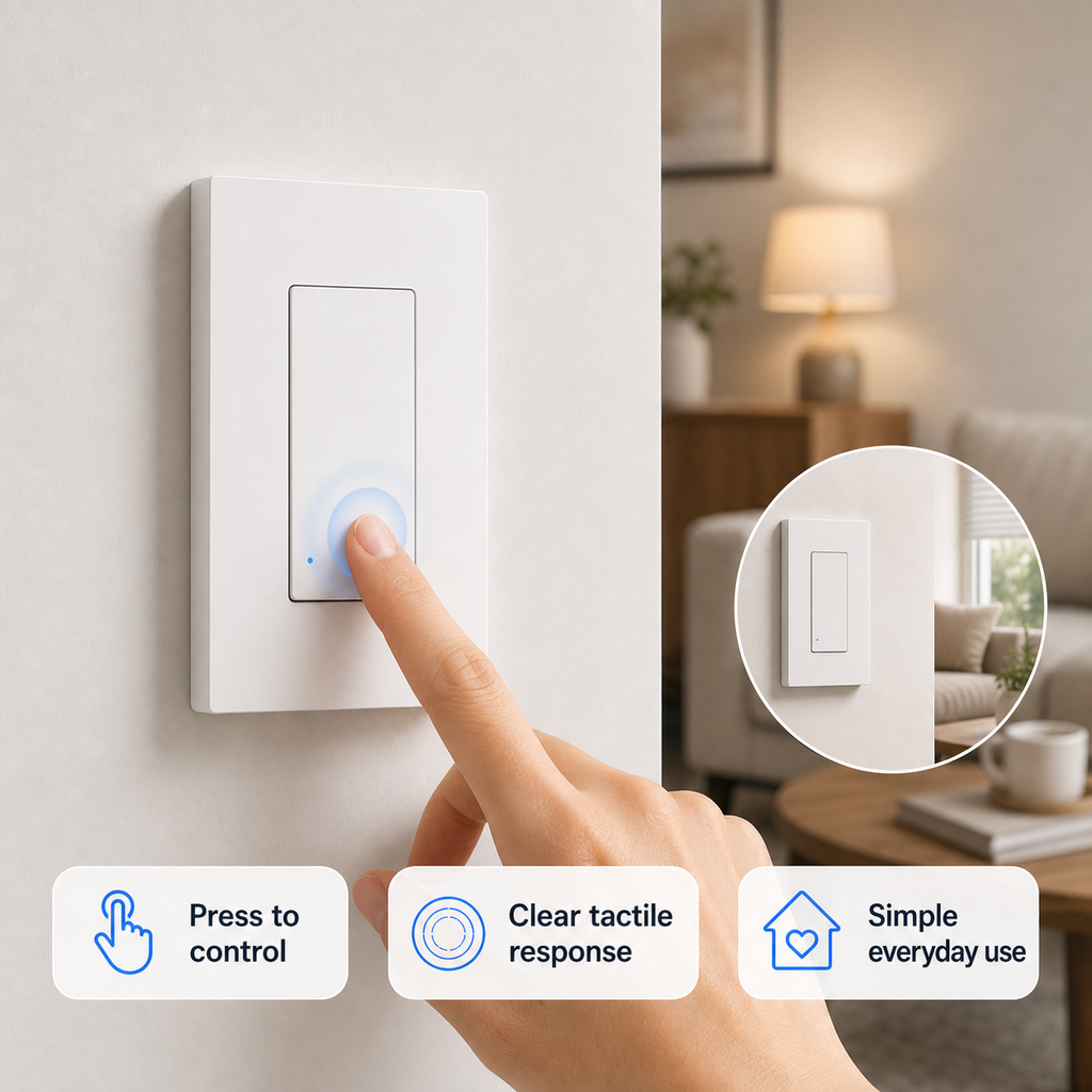 Tactile press control detail for NéoSwitch M5 Matter Pro US smart wall switch