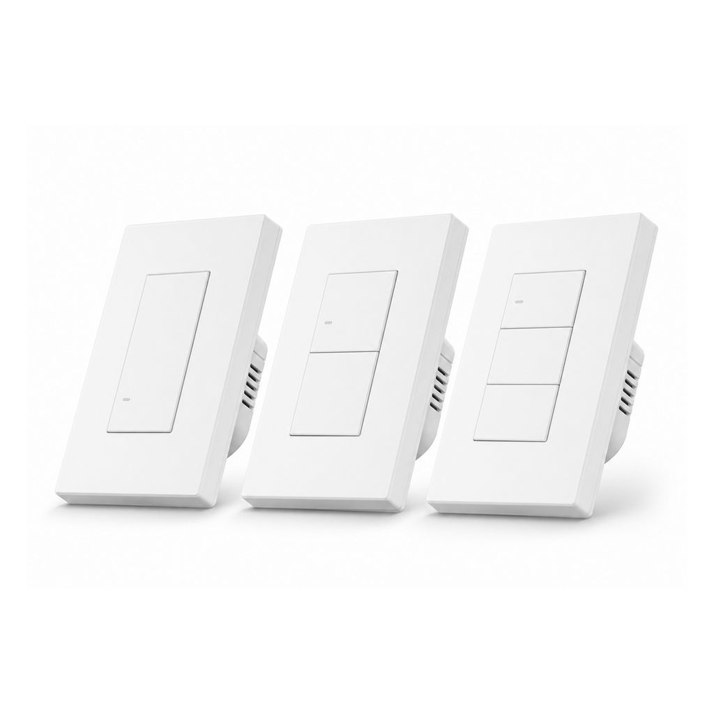 Trois variantes NéoSwitch M5 Matter Pro US blanc un, deux et trois canaux sur fond blanc.