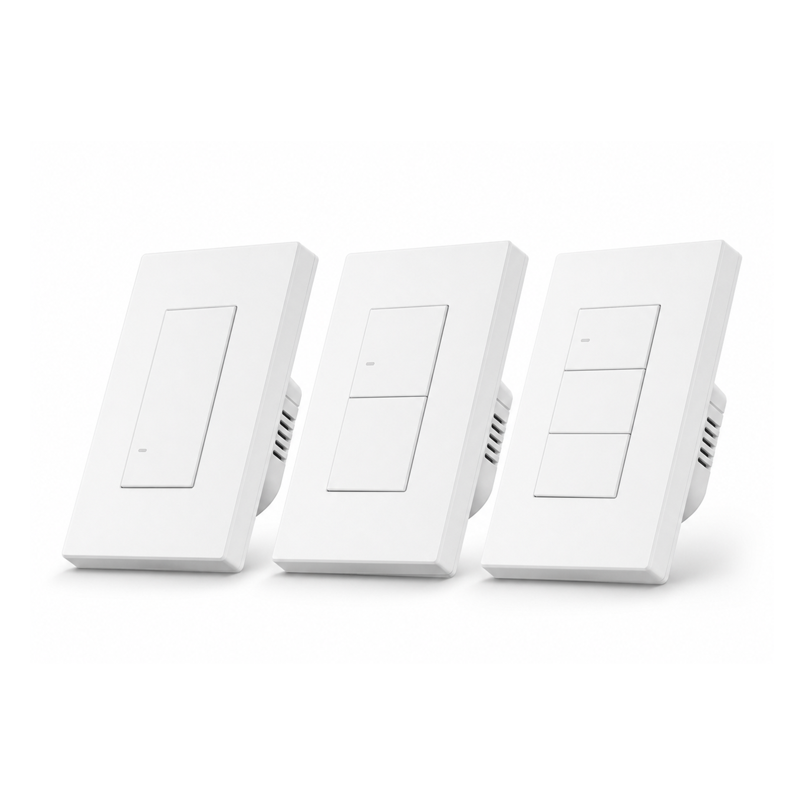 Trois variantes NéoSwitch M5 Matter Pro US blanc un, deux et trois canaux sur fond blanc.