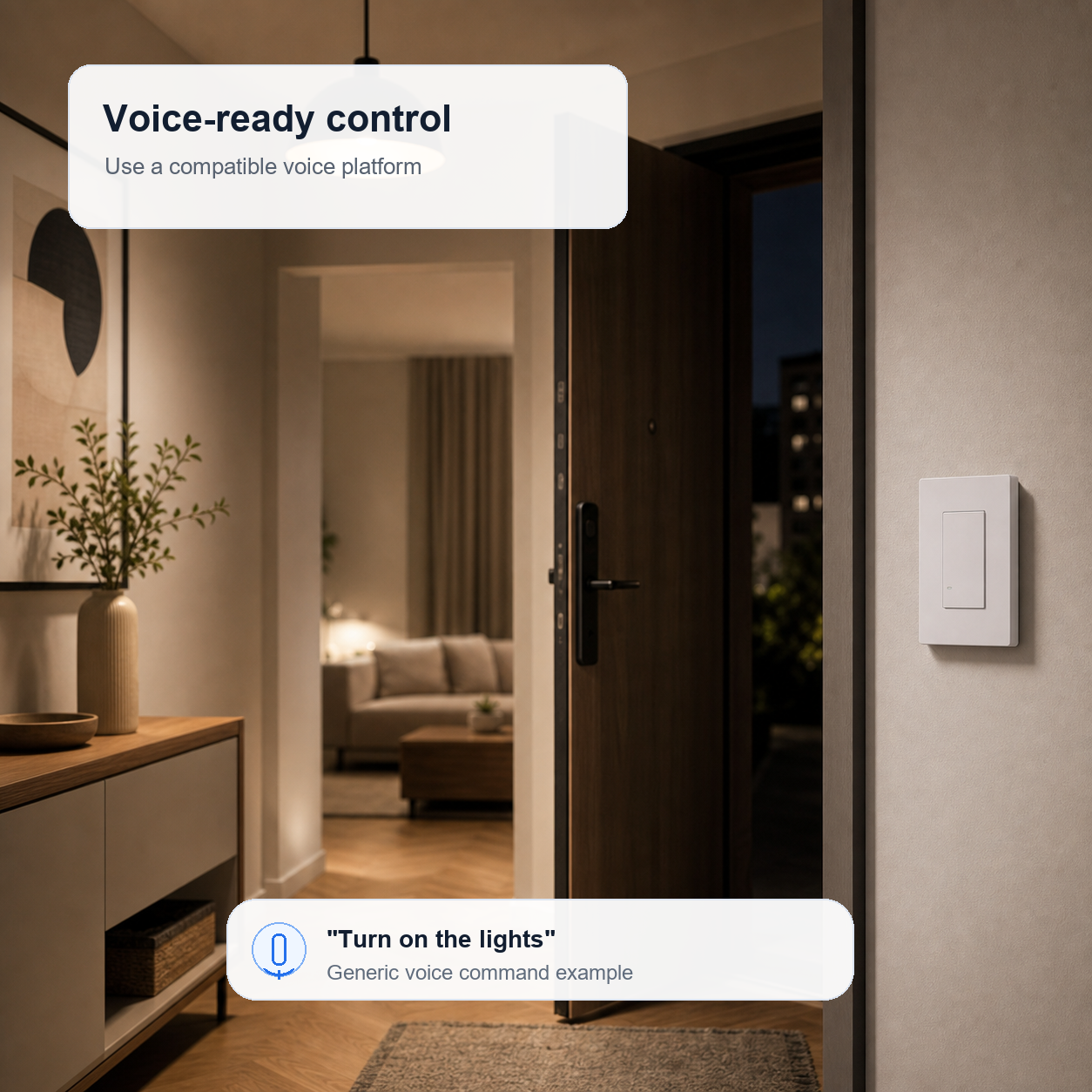 Voice-ready control scene for NéoSwitch M5 Matter Pro US with generic voice command