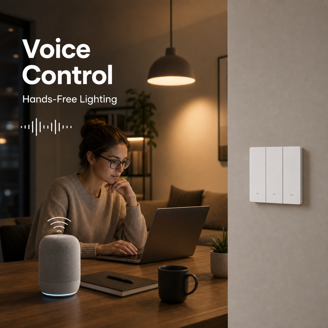Voice control lifestyle scene for NéoSwitch M5 Matter Pro with generic smart speaker