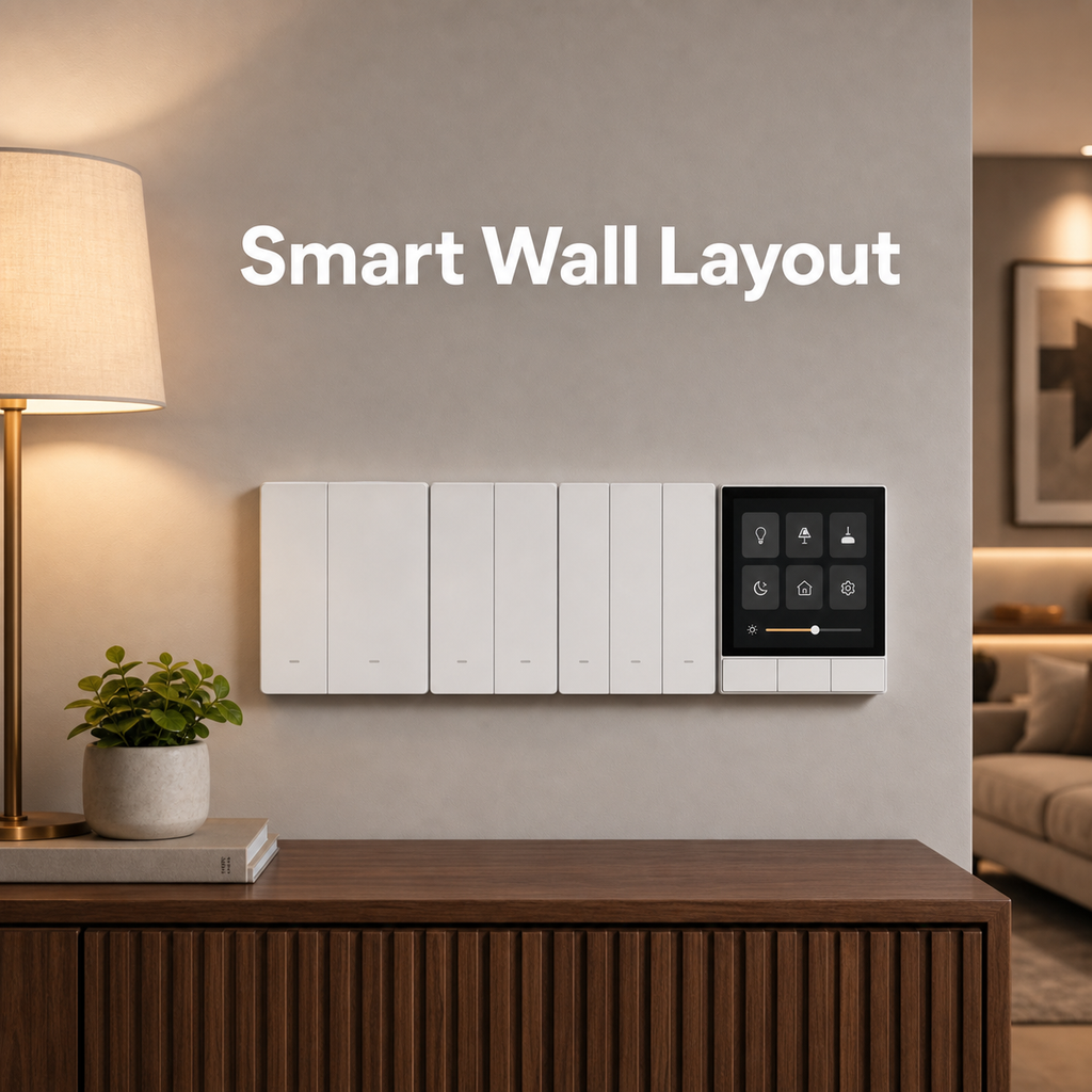 Smart wall layout with NéoSwitch M5 Matter Pro switches and a generic control panel
