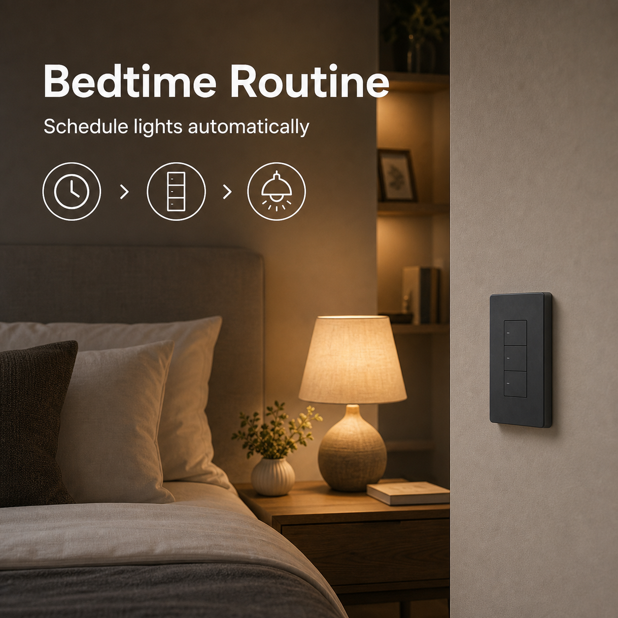 Bedroom lifestyle scene showing NéoSwitch M5 Pro scheduling lights automatically