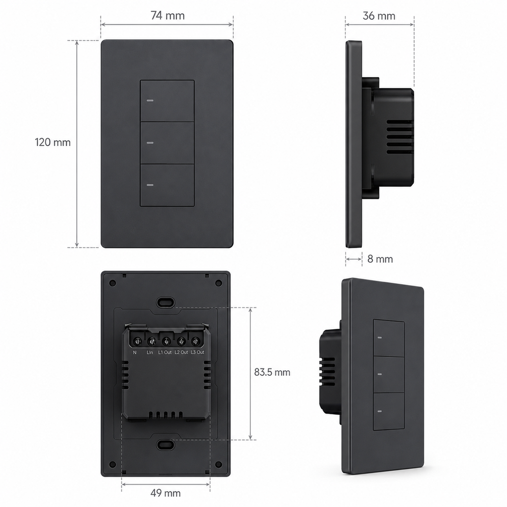Technical dimensions diagram for NéoSwitch M5 Pro US mechanical wall switch