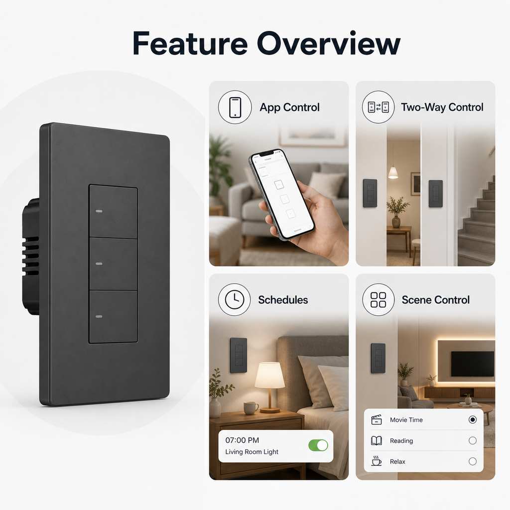 Feature overview of NéoSwitch M5 Pro with app control, schedules and scene control