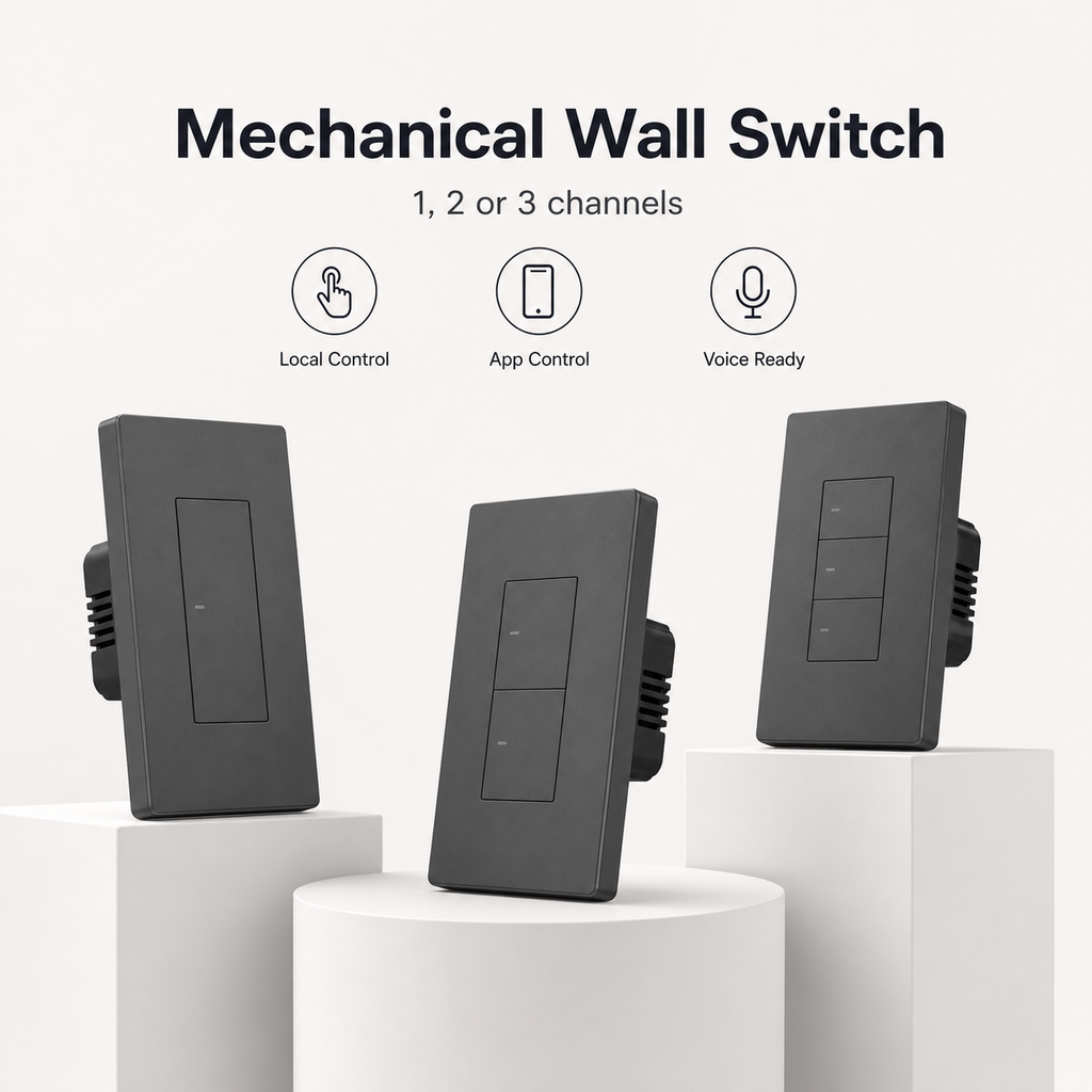 Studio range image of NéoSwitch M5 Pro mechanical wall switches in 1, 2 and 3 channels