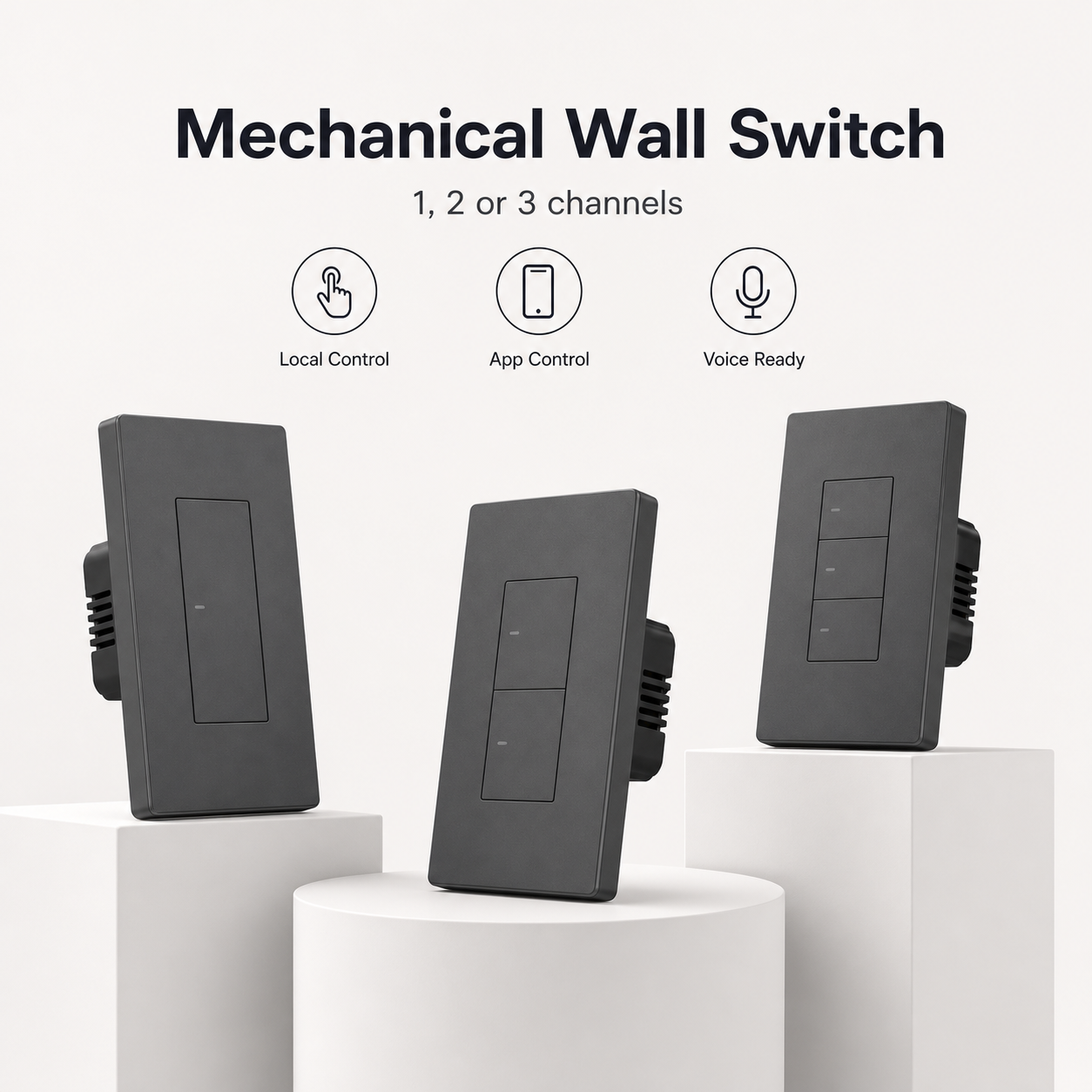 Studio range image of NéoSwitch M5 Pro mechanical wall switches in 1, 2 and 3 channels