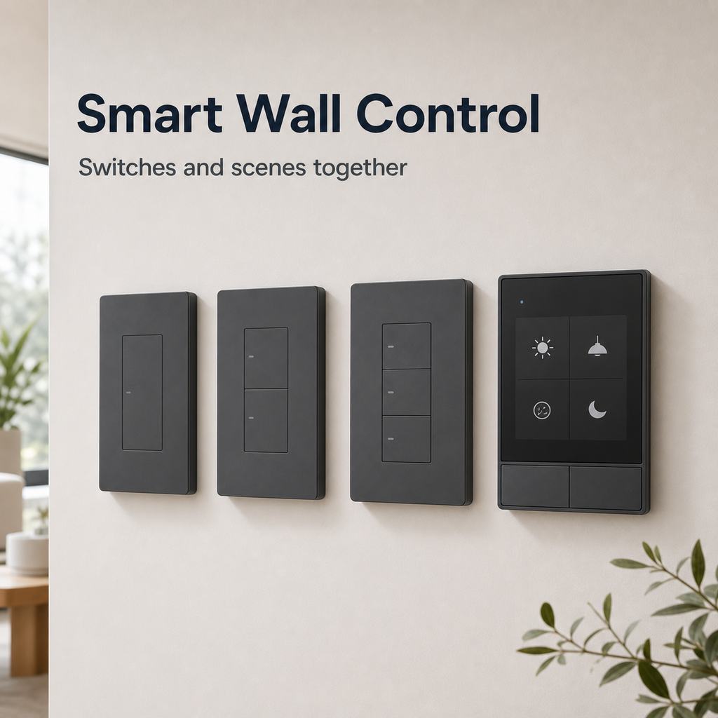 Smart wall control setup with NéoSwitch M5 Pro switches and generic wall panel