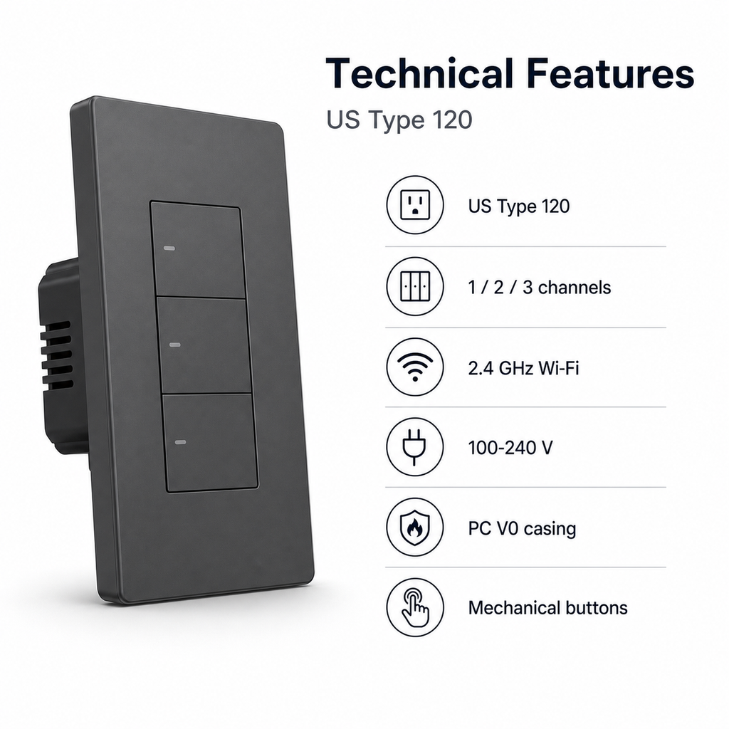 Technical features card for NéoSwitch M5 Pro US mechanical wall switch