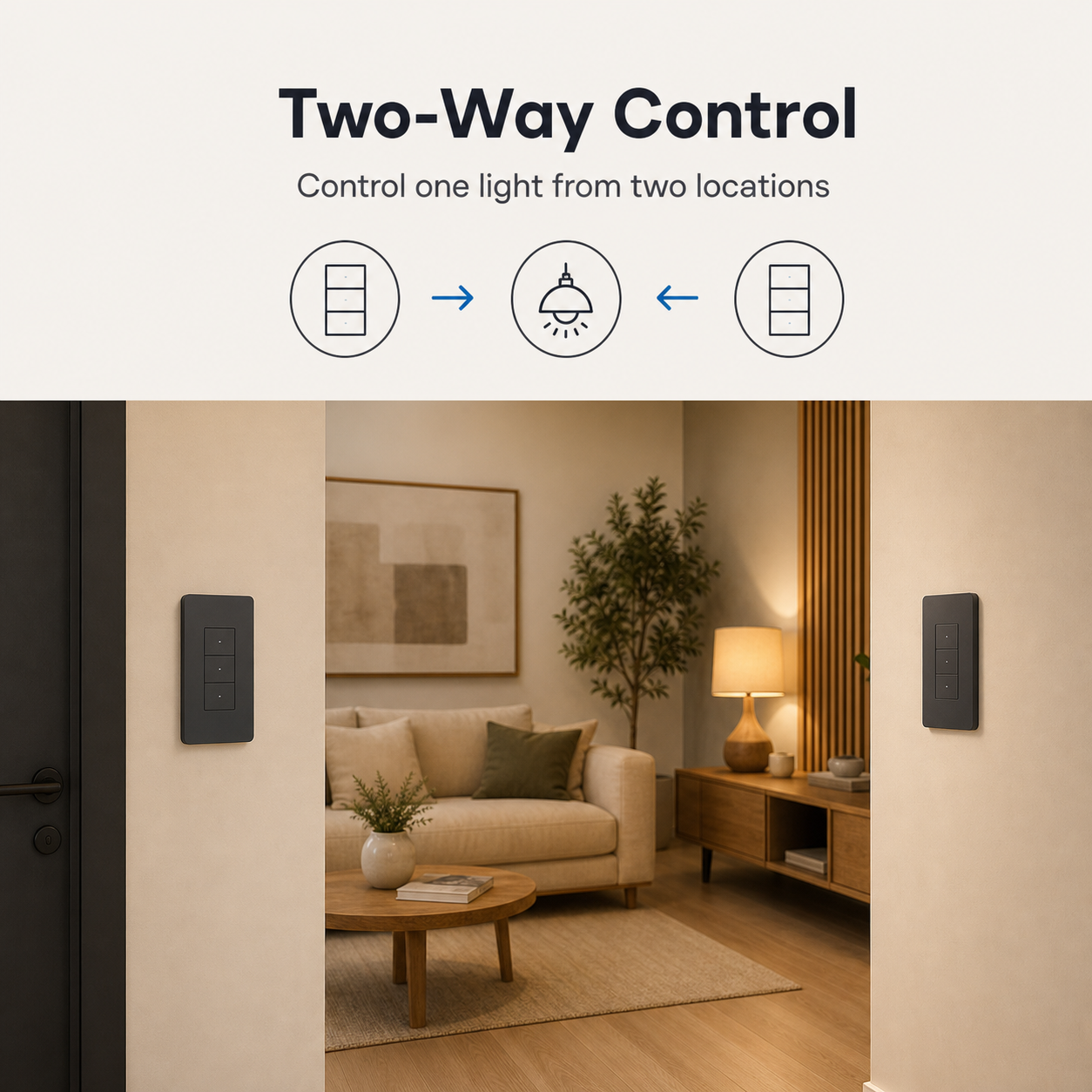 Two-way control living room scene with NéoSwitch M5 Pro wall switches