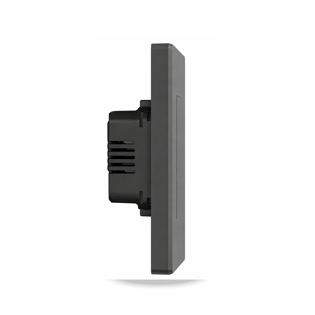 Vue de côté de l’interrupteur mural mécanique NéoSwitch M5 Pro US gris sur fond blanc.
