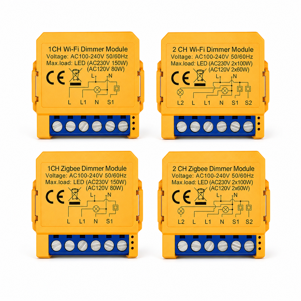 NéoSwitch Mini Essential: four Wi-Fi and ZigBee dimmer module variants on white