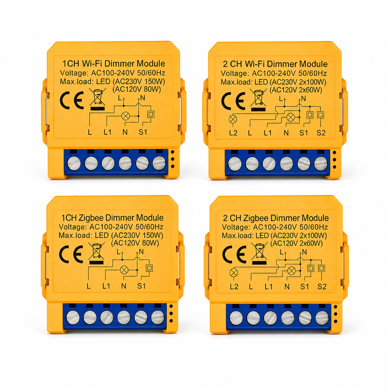 NéoSwitch Mini Essential: four Wi-Fi and ZigBee dimmer module variants on white