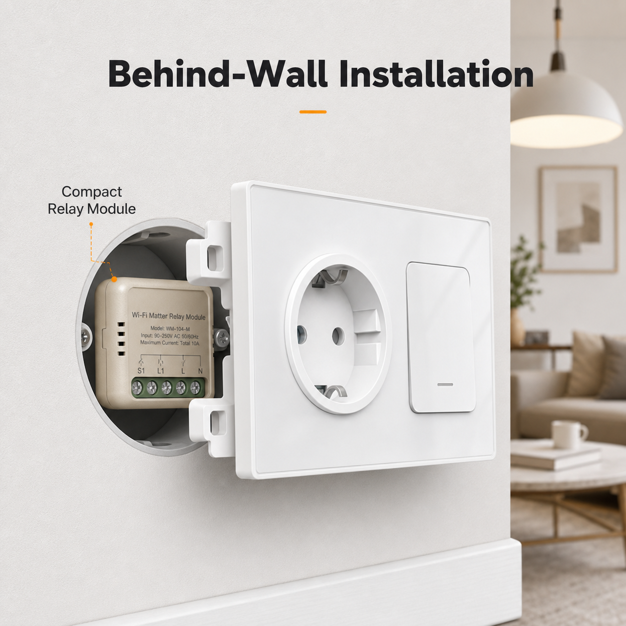 Behind-wall installation view of compact relay module