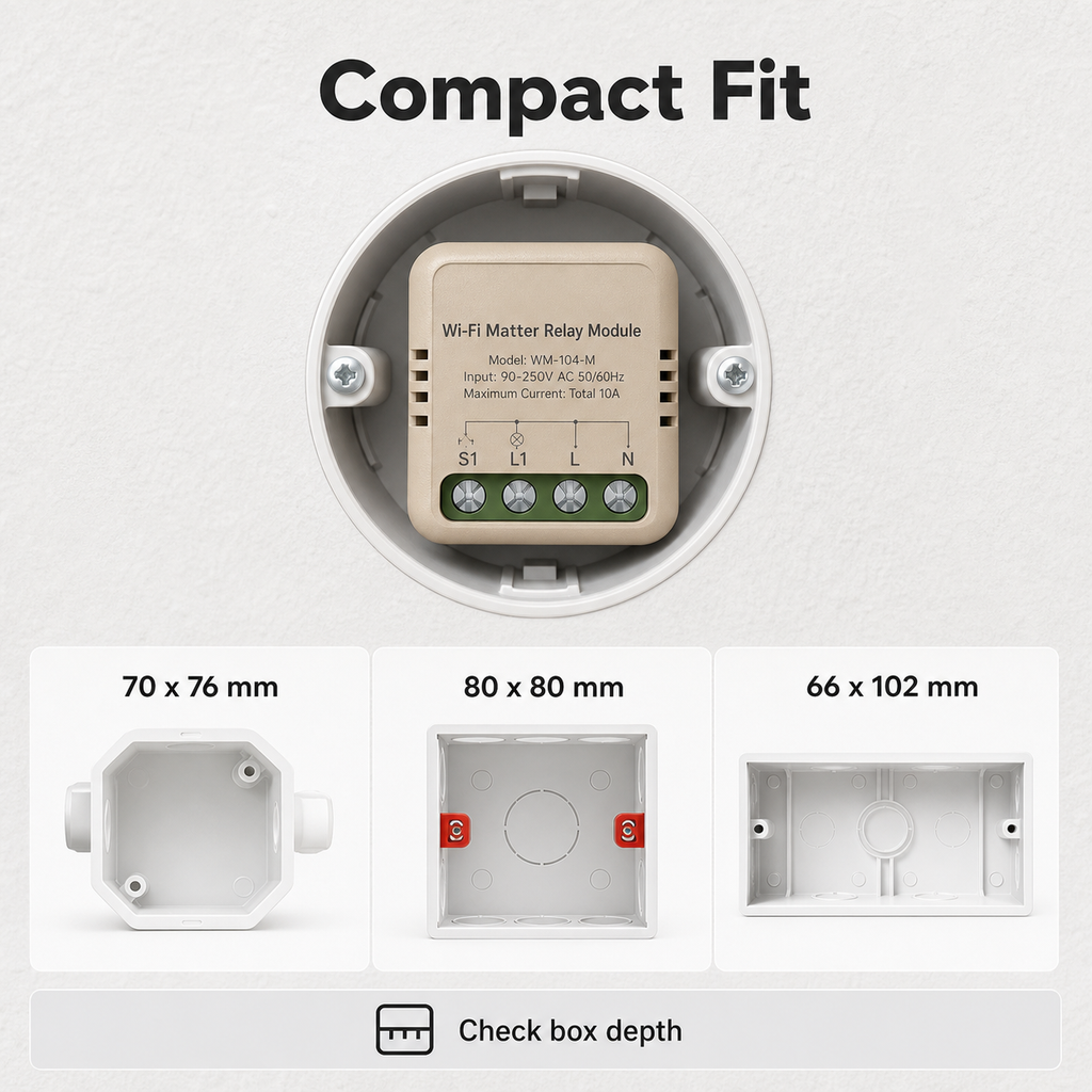 Compact relay module fitting inside common wall boxes