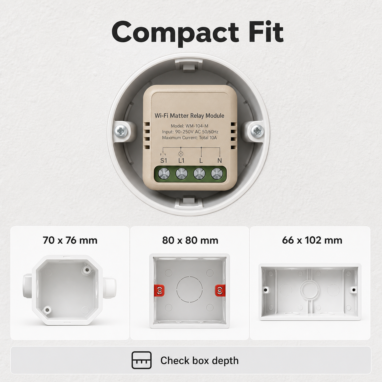 Compact relay module fitting inside common wall boxes
