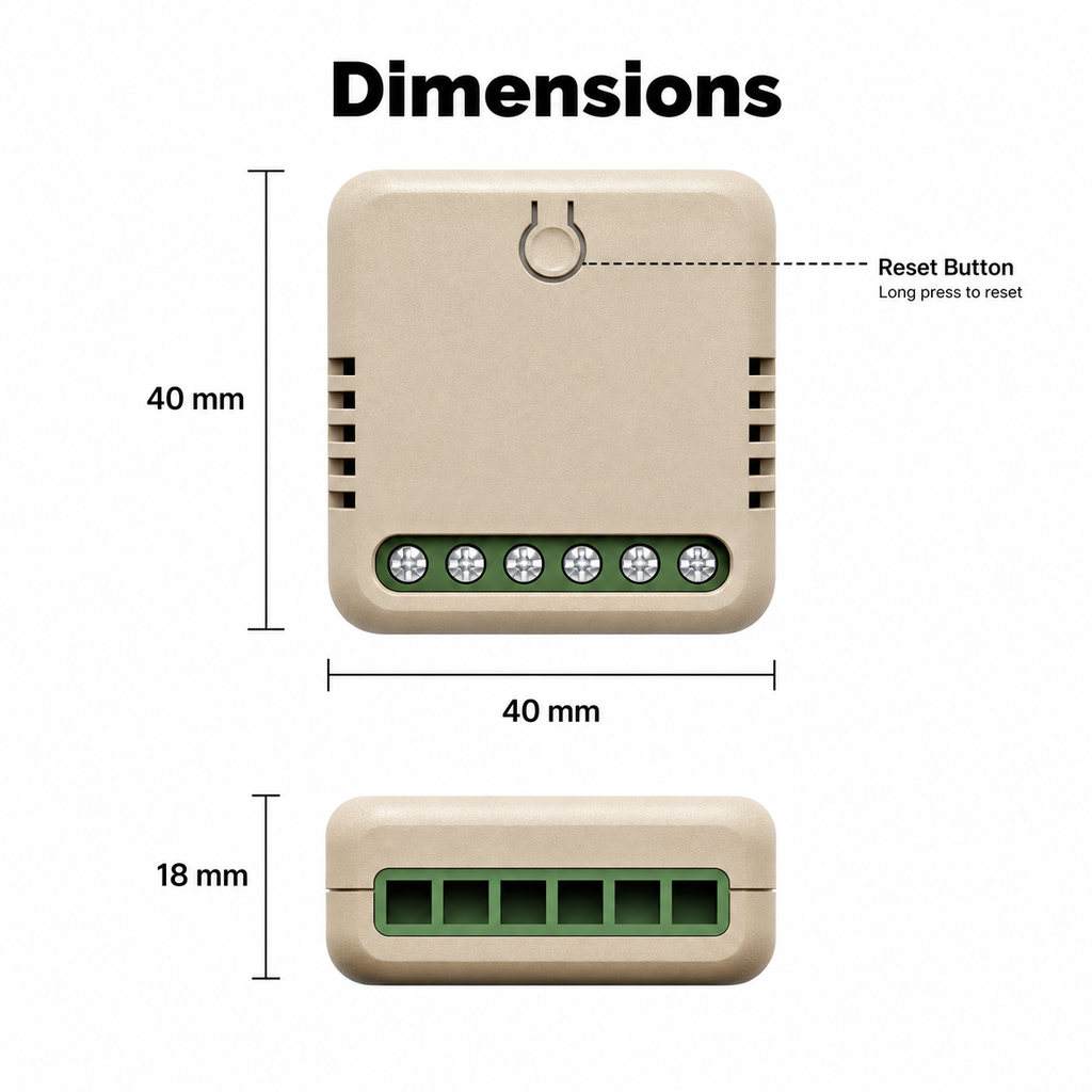 Dimensions diagram showing 40 mm by 40 mm by 18 mm relay module