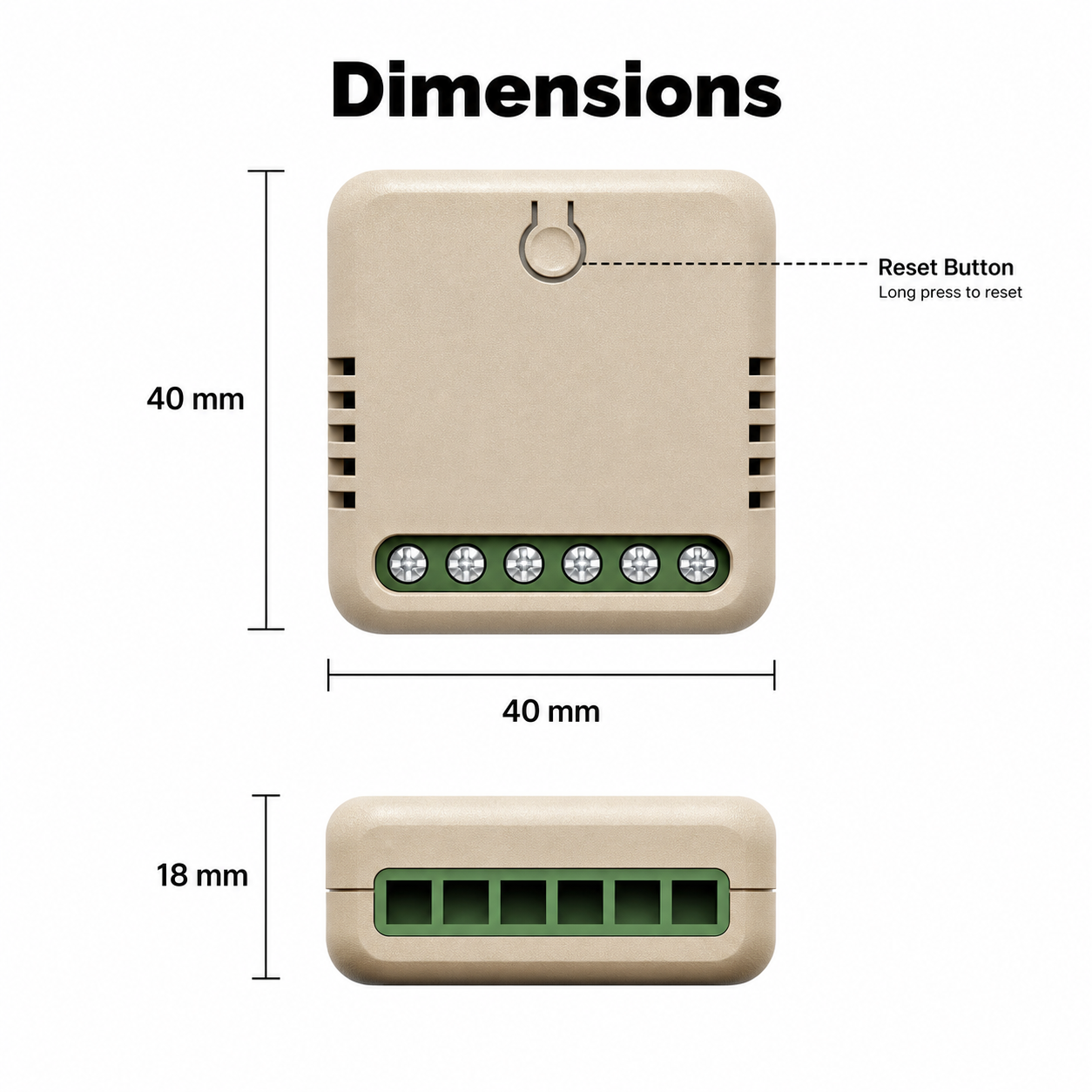 Dimensions diagram showing 40 mm by 40 mm by 18 mm relay module