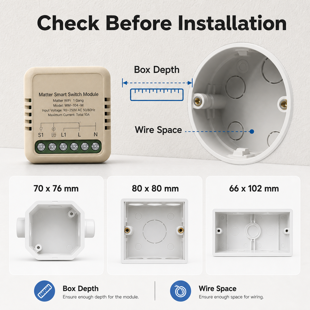 Installation fit check for compact relay module and wall box