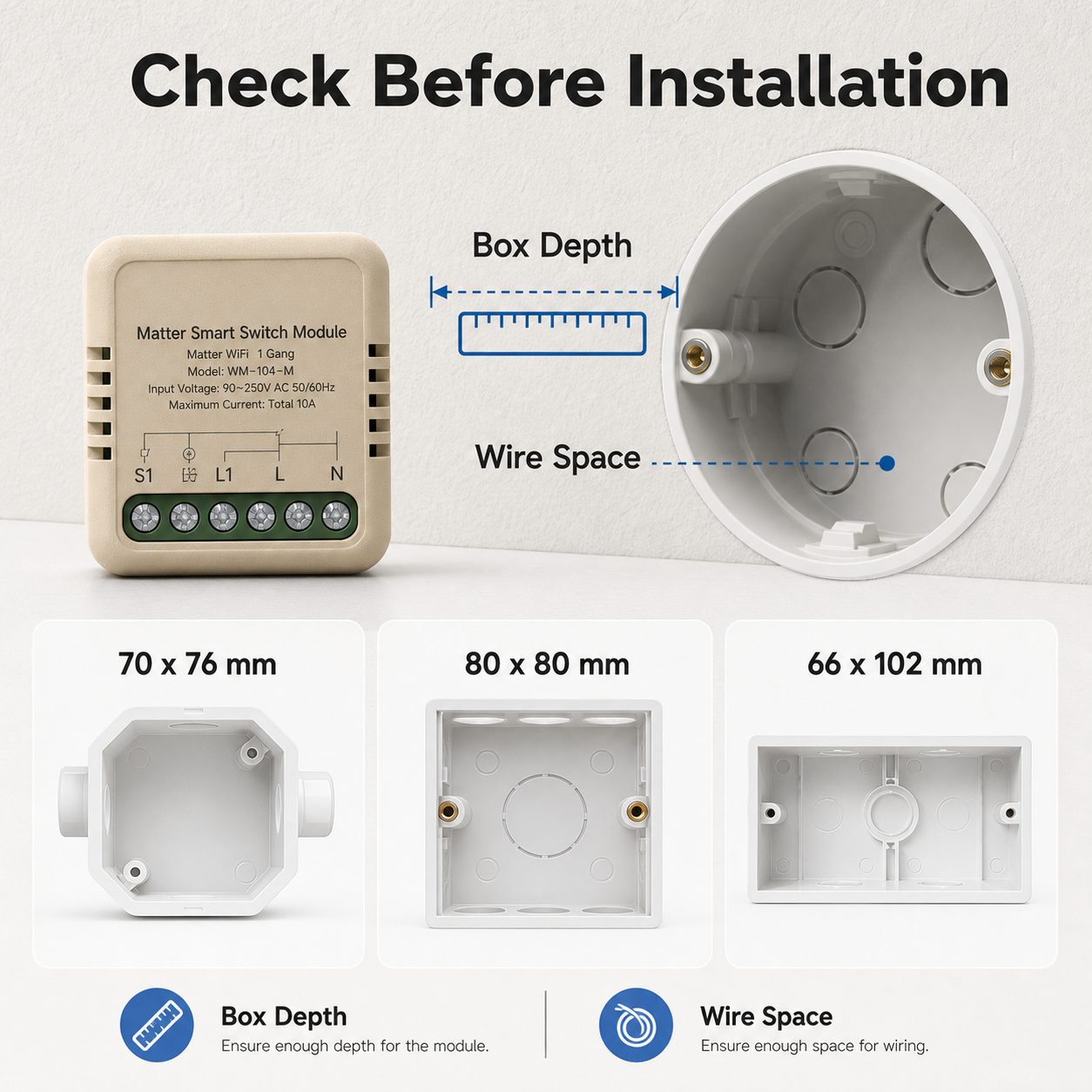 Installation fit check for compact relay module and wall box