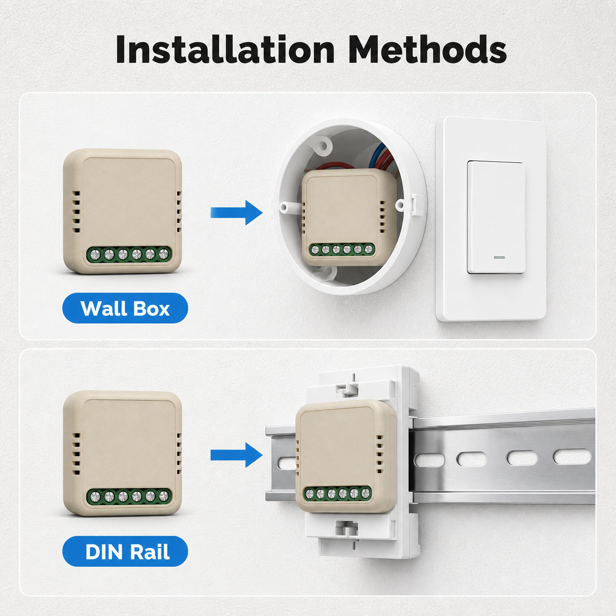 Wall box and DIN rail installation methods for relay module