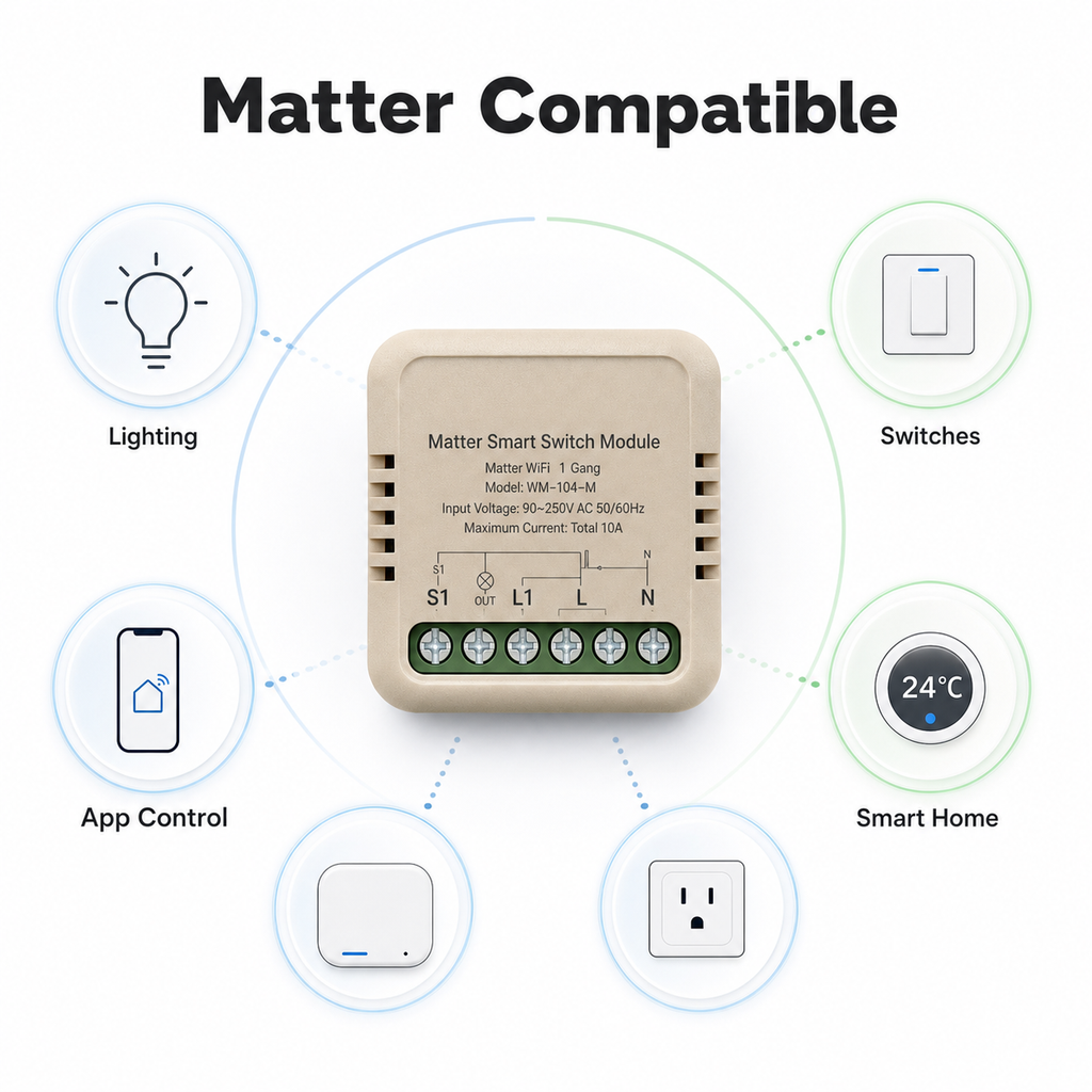 Matter compatible smart home icons around compact relay module