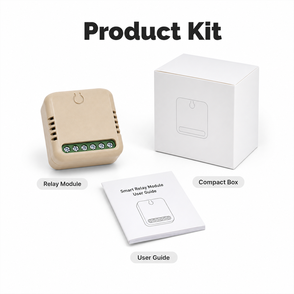 Product kit with compact relay module user guide and box