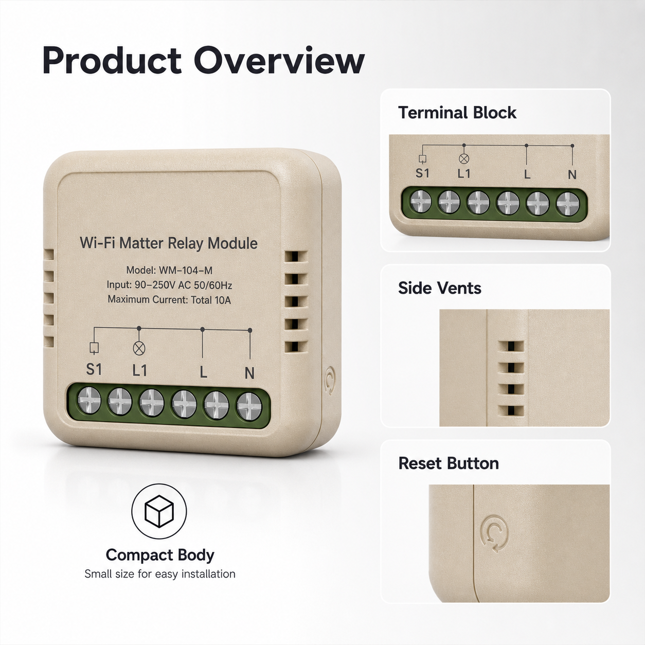 Product overview details of compact relay module terminals and reset button