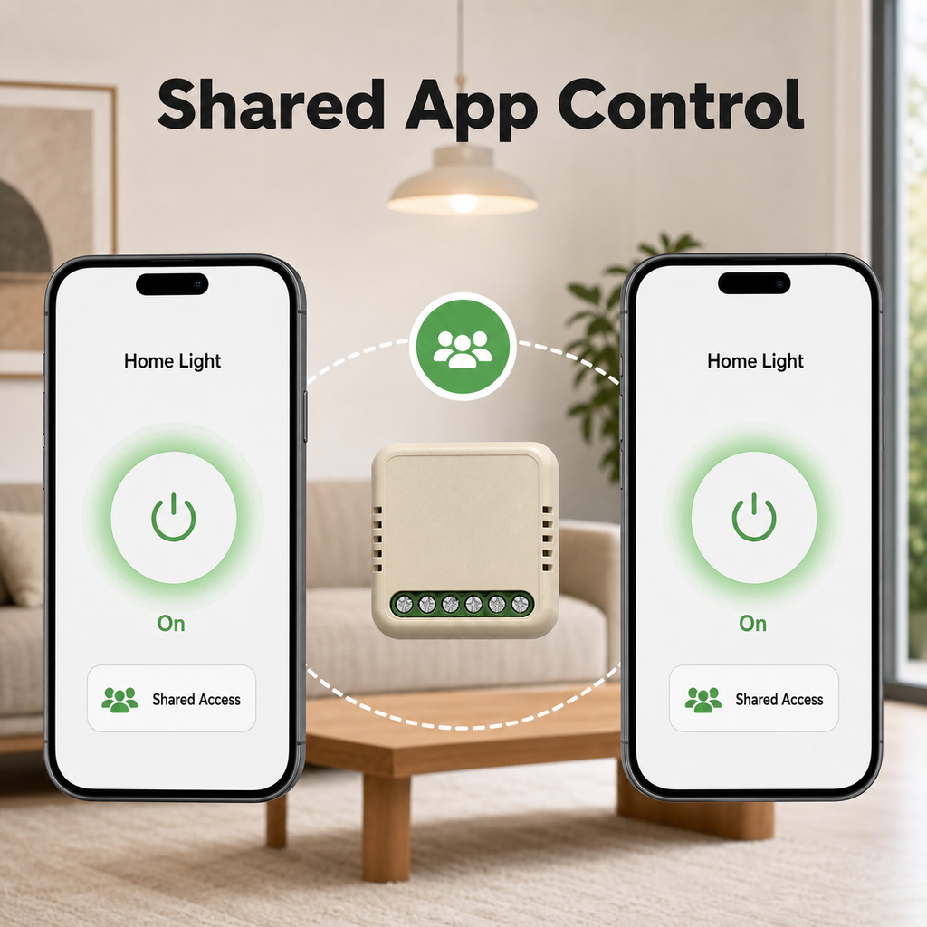 Shared app control on two phones for WiFi Matter relay module
