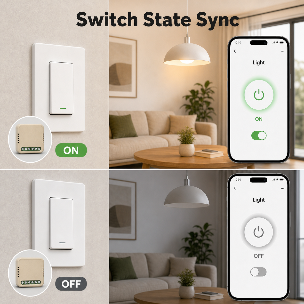 Switch state sync between wall switch and phone app