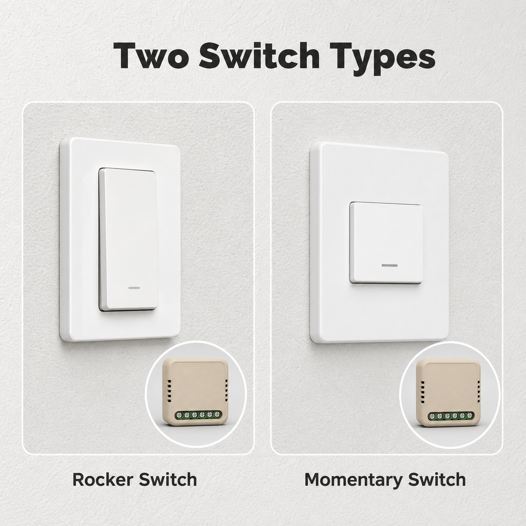 Rocker and momentary switch types for compact relay module