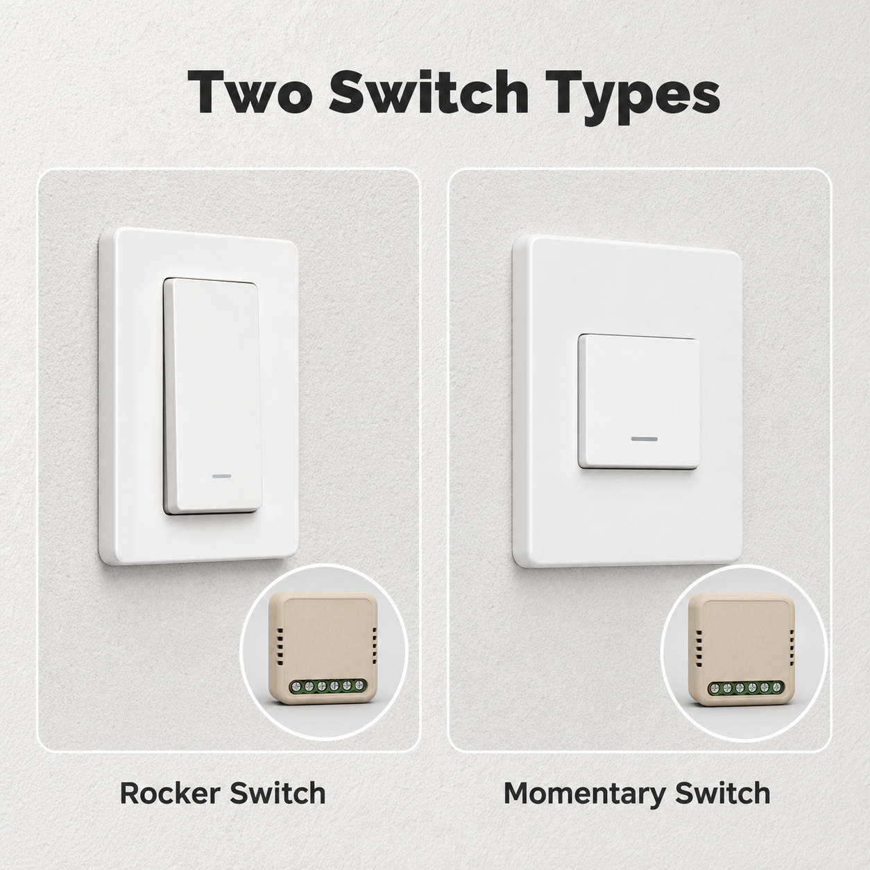 Rocker and momentary switch types for compact relay module