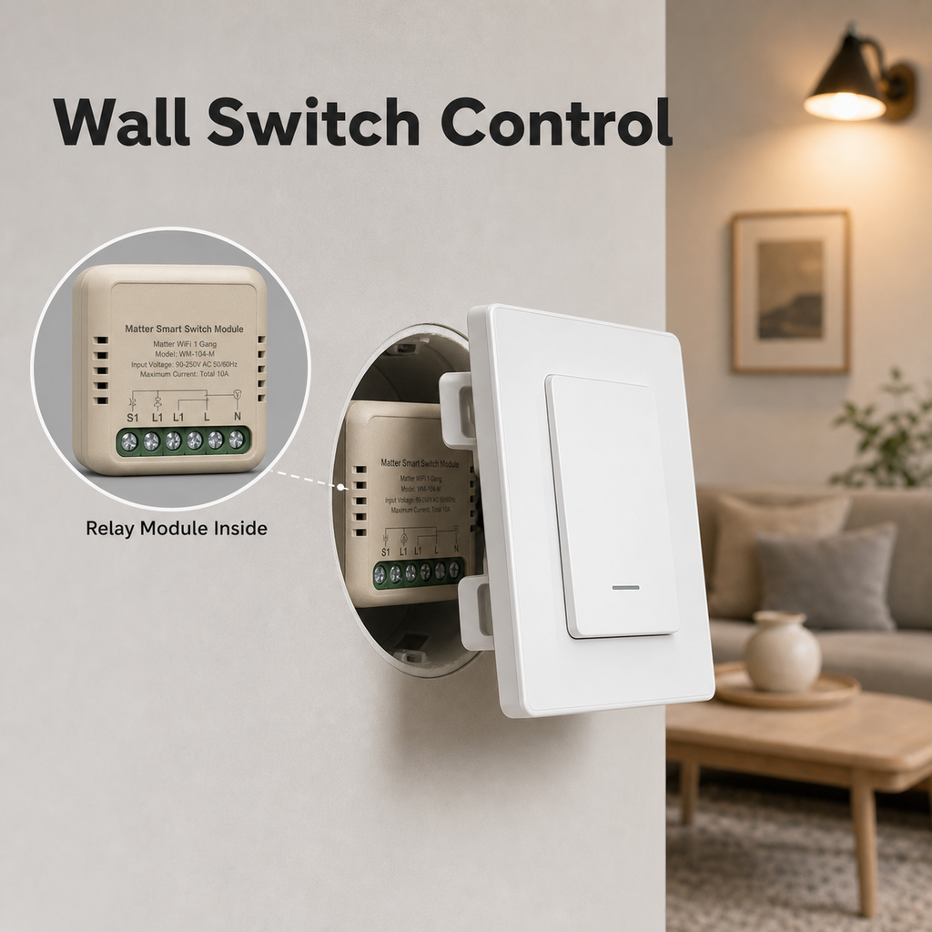 Wall switch control with relay module installed behind switch plate