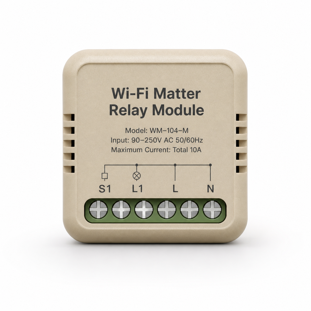 Studio packshot of compact WiFi Matter relay module