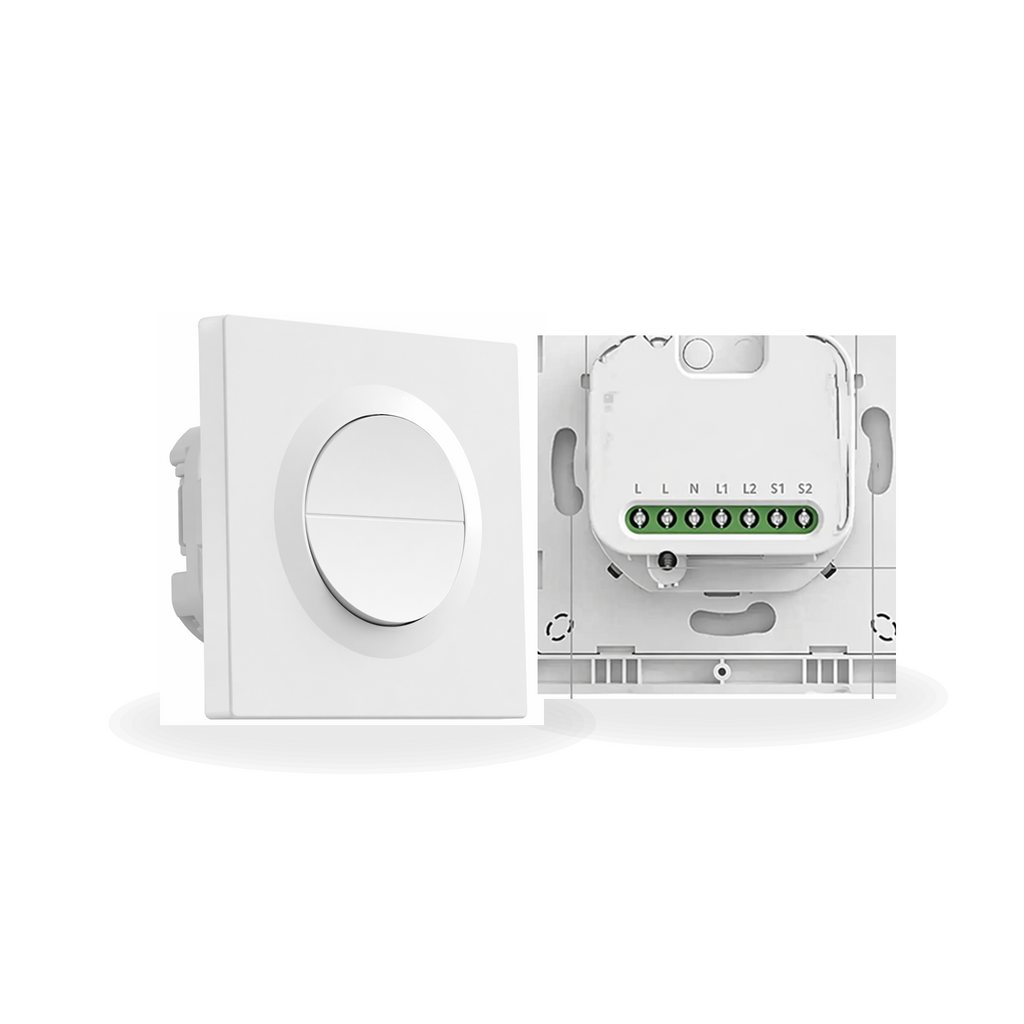 Commutateur double canal Matter NéoSwitch Orb-Matter Dual Pro blanc avec vue de face et module arrière bornier sur fond studio blanc.
