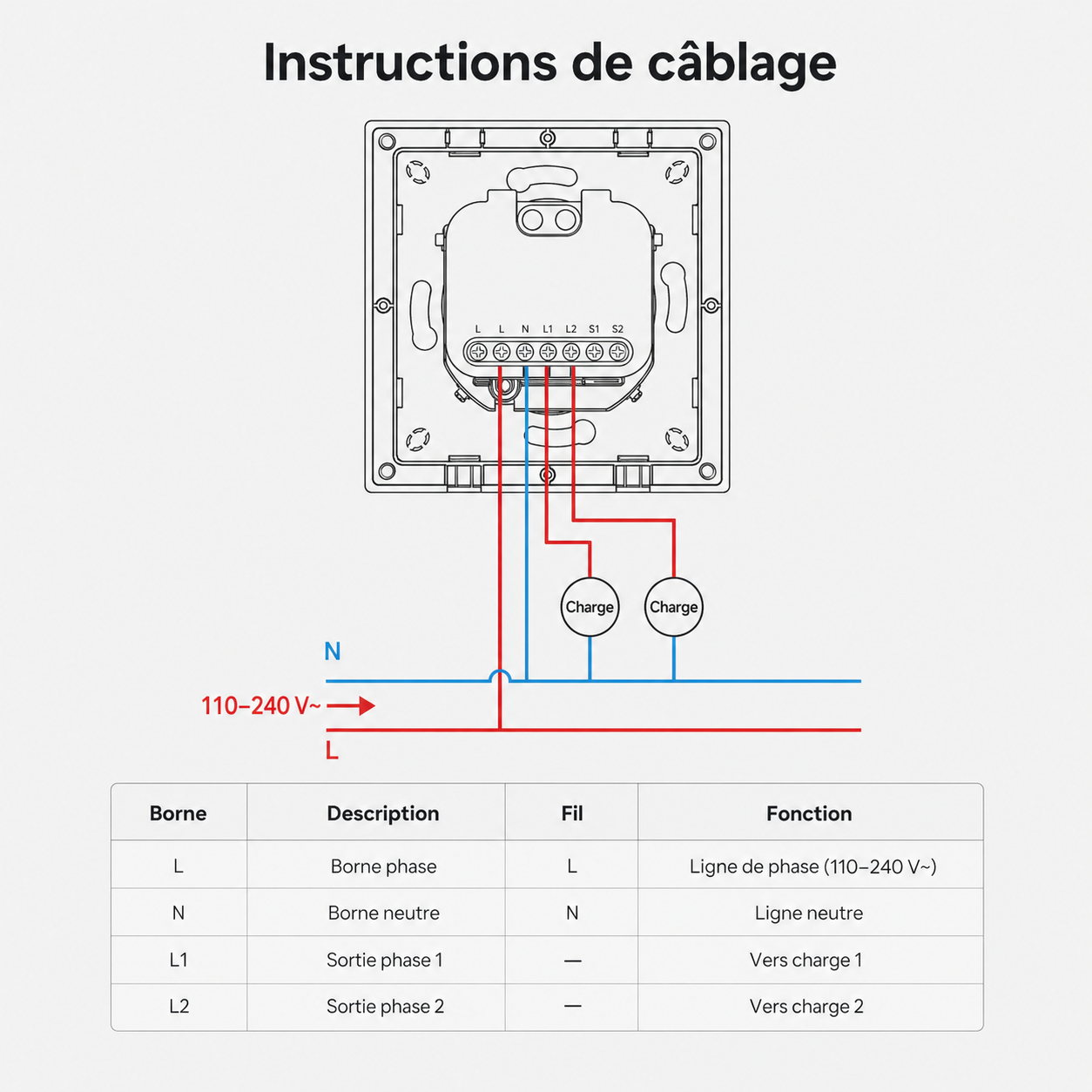 NéoSwitch Orb-Matter Dual Pro, instructions de câblage pour interrupteur mural double canal.